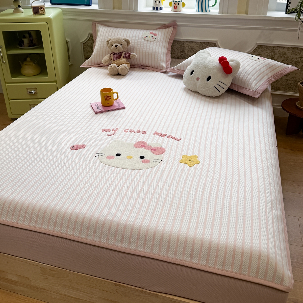 91家纺网 家纺一手货源 找家纺 雅居纺家纺 2026春夏新款PE凉感提花绣花凉席席子 床笠款-爱恋猫咪