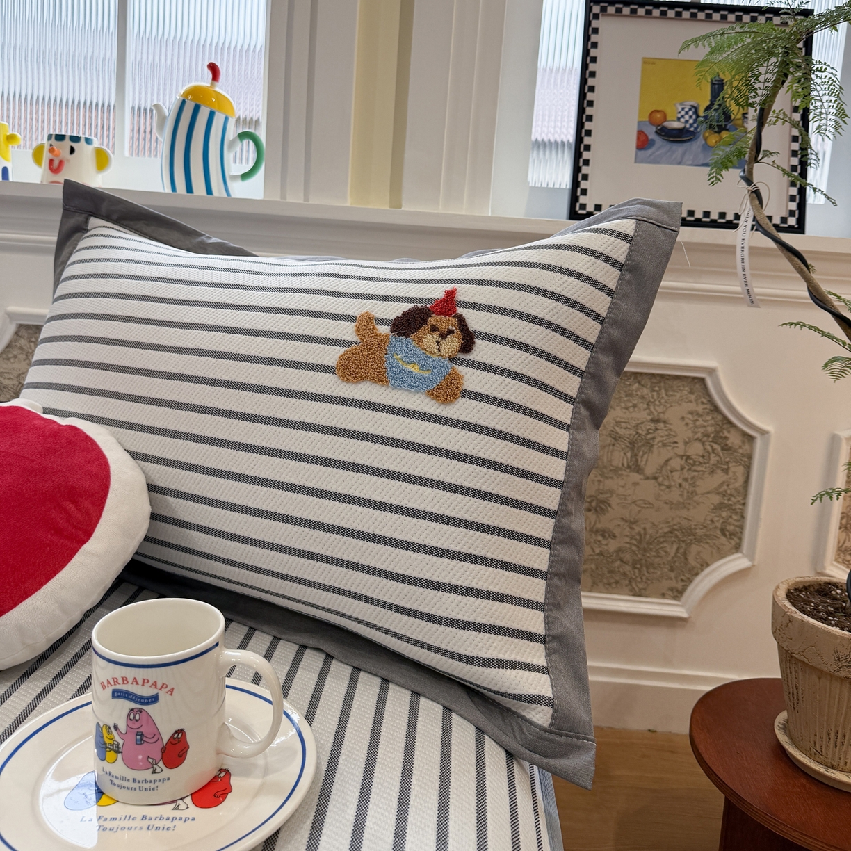 91家纺网 家纺一手货源 找家纺 雅居纺家纺 2026春夏新款PE凉感提花绣花凉席席子 床笠款-灰条开心狗