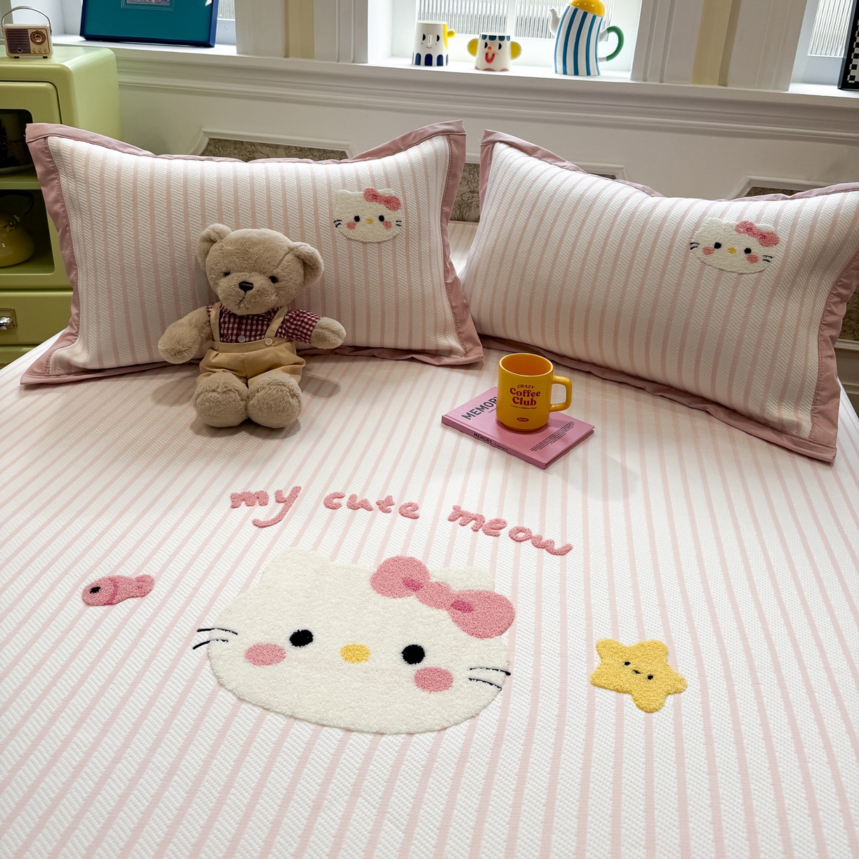 91家纺网 家纺一手货源 找家纺 雅居纺家纺 2026春夏新款PE凉感提花绣花凉席席子 床笠款-爱恋猫咪