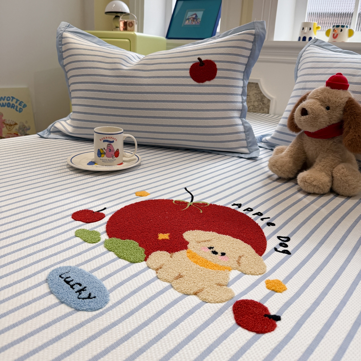 91家纺网 家纺一手货源 找家纺 雅居纺家纺 2026春夏新款PE凉感提花绣花凉席席子 床笠款-蓝条狗狗