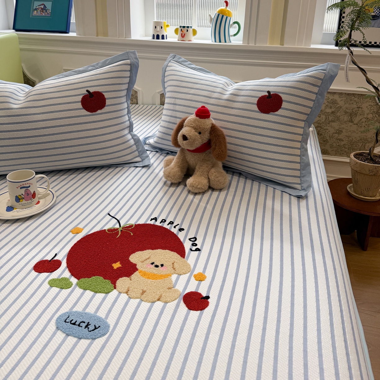 91家纺网 家纺一手货源 找家纺 雅居纺家纺 2026春夏新款PE凉感提花绣花凉席席子 床笠款-蓝条狗狗