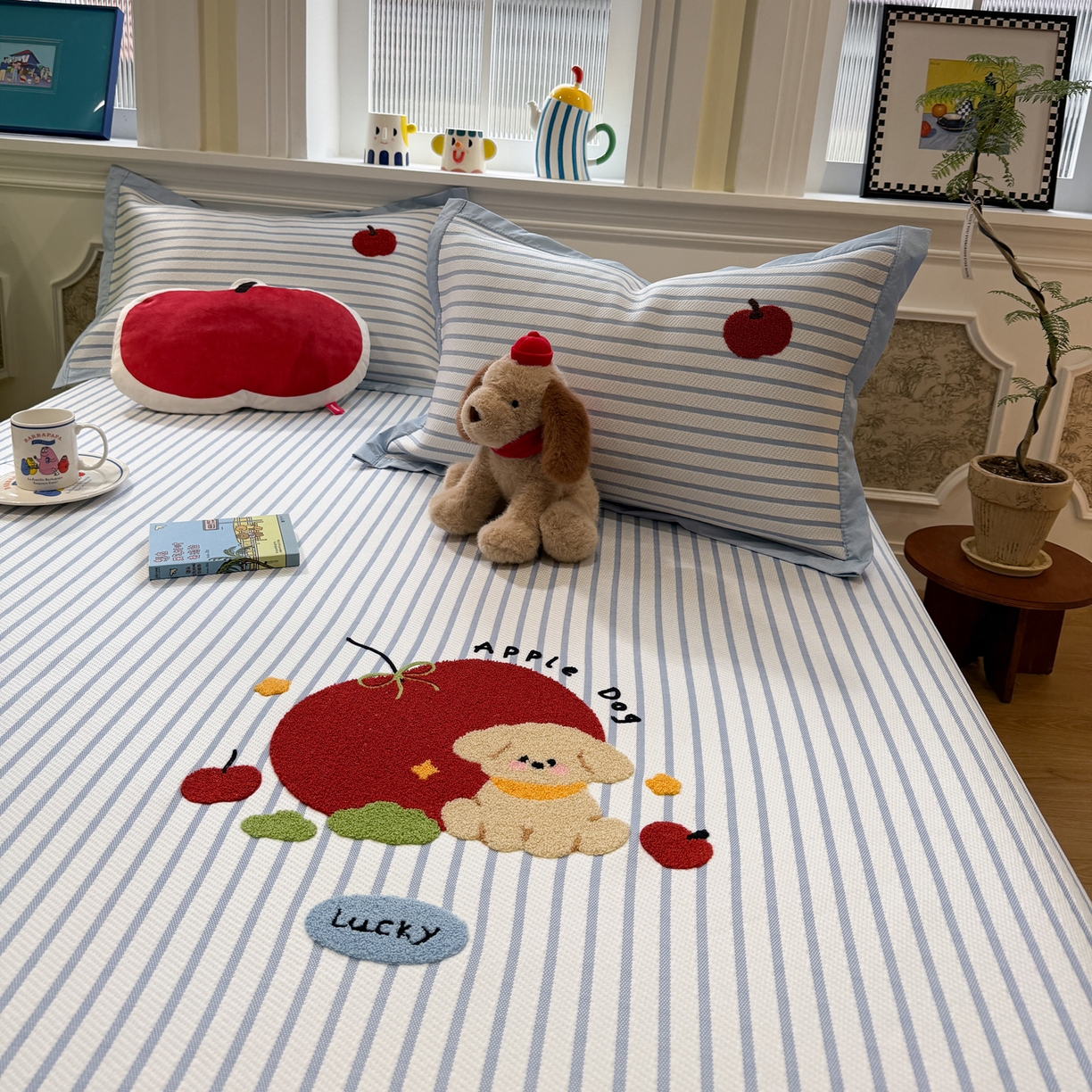 91家纺网 家纺一手货源 找家纺 雅居纺家纺 2026春夏新款PE凉感提花绣花凉席席子 床笠款-蓝条狗狗