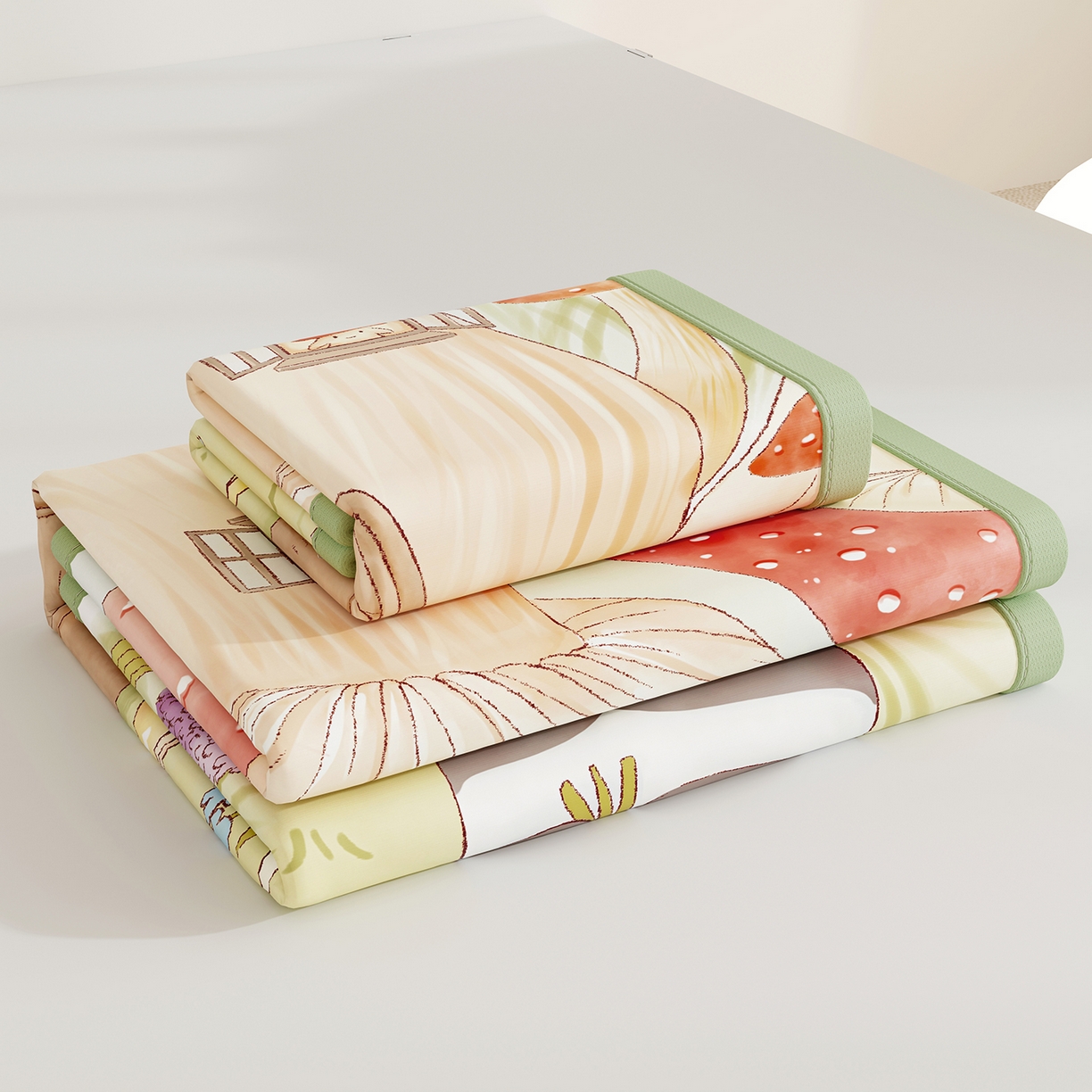 91家纺网 家纺一手货源 找家纺 奇丝雅 2026A类数码印花大版卡通冰丝凉席双人席可机洗学生宿舍空调软席三件套三明治网底 蘑菇城堡