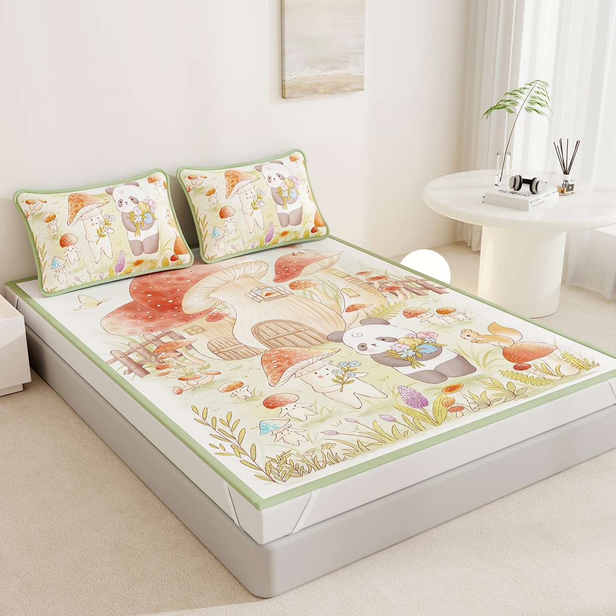 91家纺网 家纺一手货源 找家纺 奇丝雅 2026A类数码印花大版卡通冰丝凉席双人席可机洗学生宿舍空调软席三件套三明治网底 蘑菇城堡