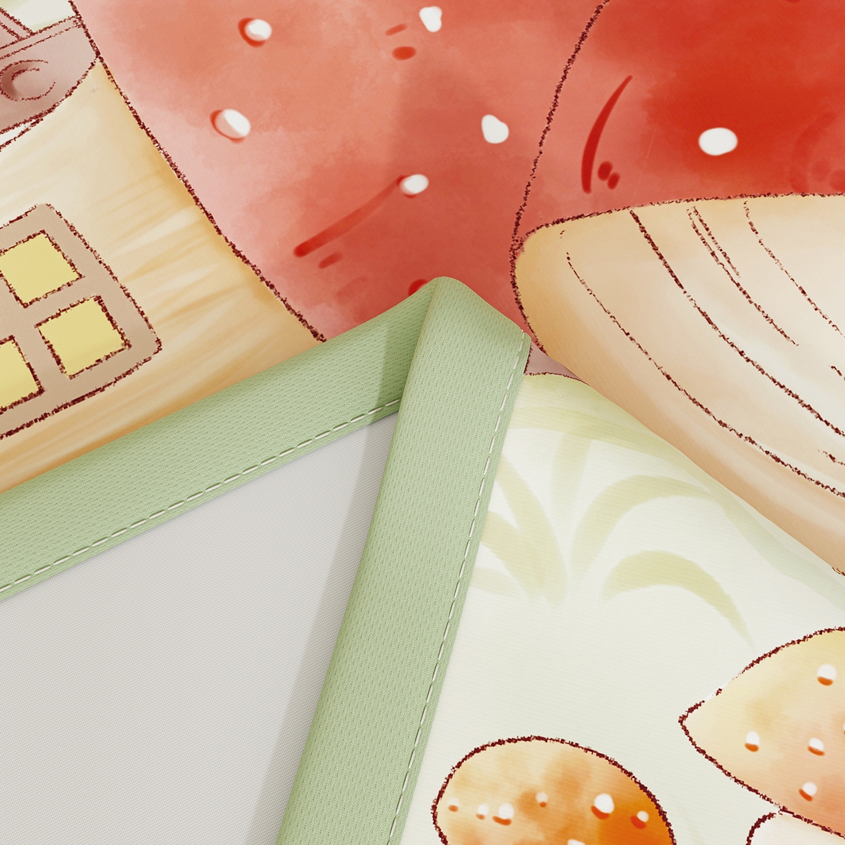 91家纺网 家纺一手货源 找家纺 奇丝雅 2026A类数码印花大版卡通冰丝凉席双人席可机洗学生宿舍空调软席三件套三明治网底 蘑菇城堡