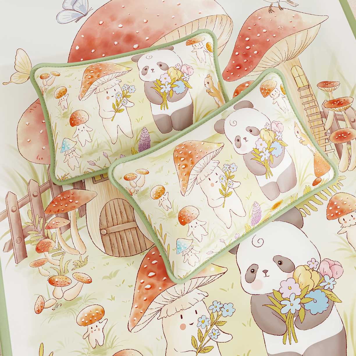 91家纺网 家纺一手货源 找家纺 奇丝雅 2026A类数码印花大版卡通冰丝凉席双人席可机洗学生宿舍空调软席三件套三明治网底 蘑菇城堡