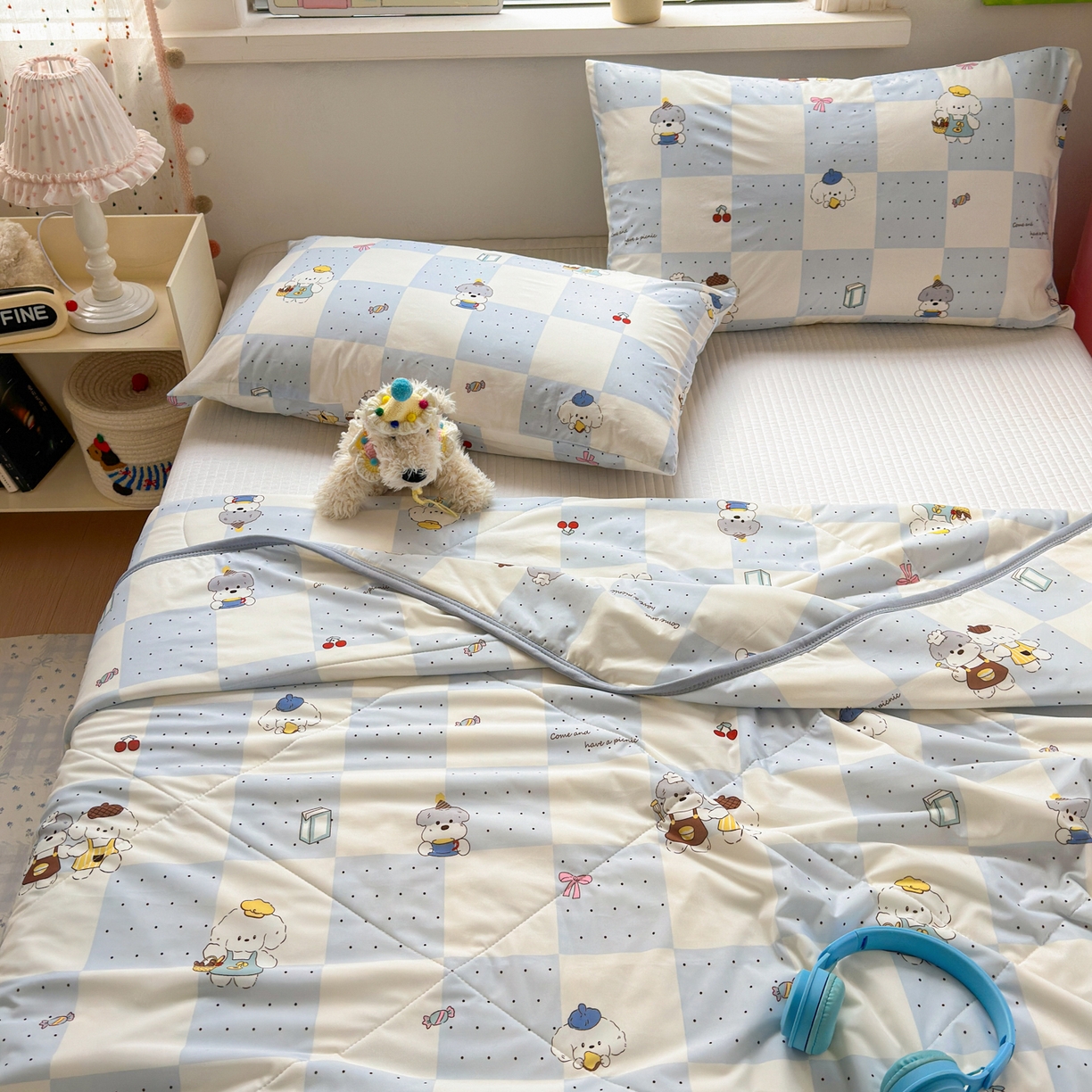 91家纺网 家纺一手货源 找家纺 希诺家居 2026春夏新款仿锦氨小冰皮凉感夏被空调被 蓝格奶汪