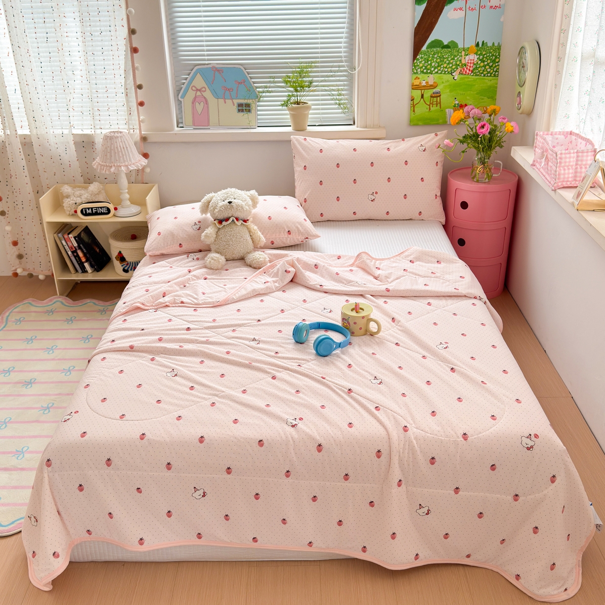 91家纺网 家纺一手货源 找家纺 希诺家居 2026春夏新款仿锦氨小冰皮凉感夏被空调被 草莓团团