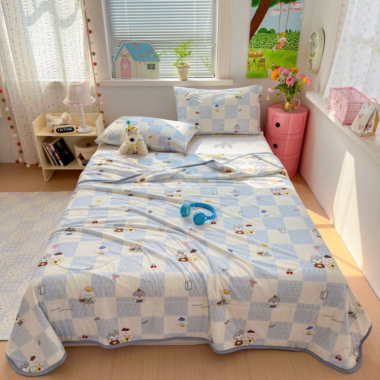 91家纺网 家纺一手货源 找家纺 希诺家居 2026春夏新款仿锦氨小冰皮凉感夏被空调被 蓝格奶汪