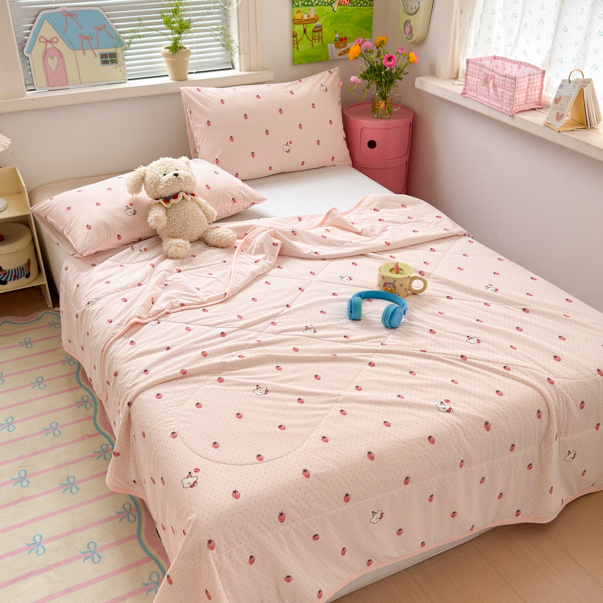 91家纺网 家纺一手货源 找家纺 希诺家居 2026春夏新款仿锦氨小冰皮凉感夏被空调被 草莓团团