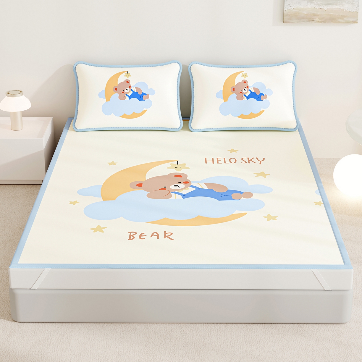 奇丝雅 2026A类数码印花大版卡通冰丝凉席双人席可机洗学生宿舍空调软席三件套三明治网底 月亮熊