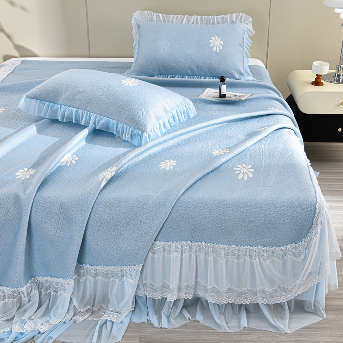 91家纺网 家纺一手货源 找家纺 （总）畅畅家纺 2026新款提花面料530克PE凉感因子冰豆豆凉席床裙三件套