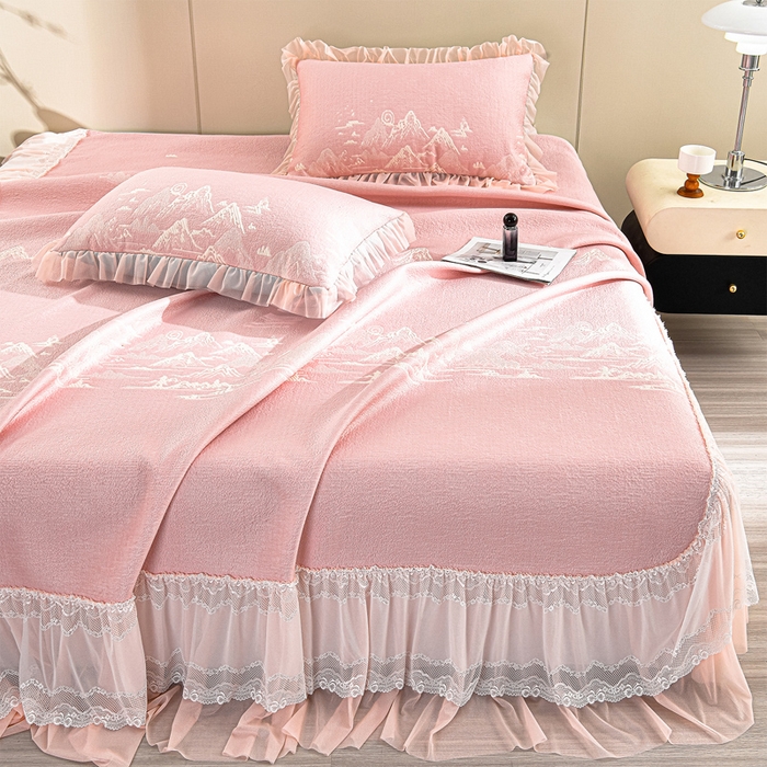 91家纺网 家纺一手货源 找家纺 （总）畅畅家纺 2026新款提花面料530克PE凉感因子冰豆豆凉席床裙三件套