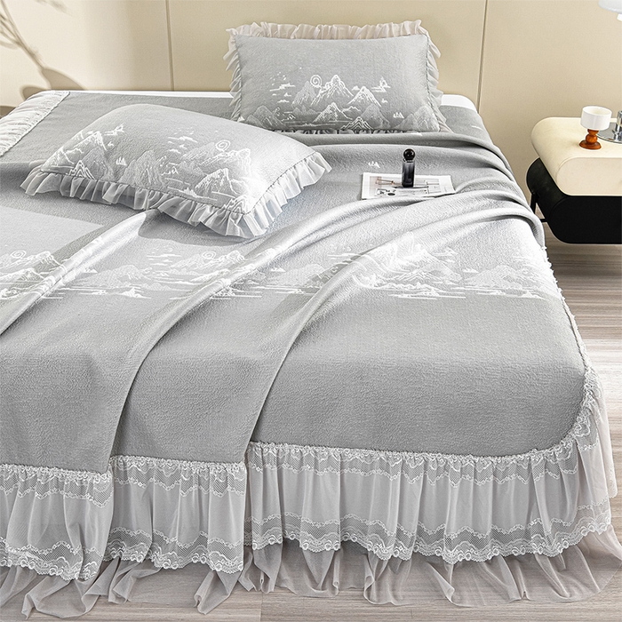 91家纺网 家纺一手货源 找家纺 （总）畅畅家纺 2026新款提花面料530克PE凉感因子冰豆豆凉席床裙三件套