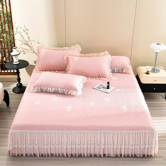 91家纺网 家纺一手货源 找家纺 畅畅家纺 2026新款提花面料530克PE凉感因子冰豆豆凉席床裙三件套 漫花-粉