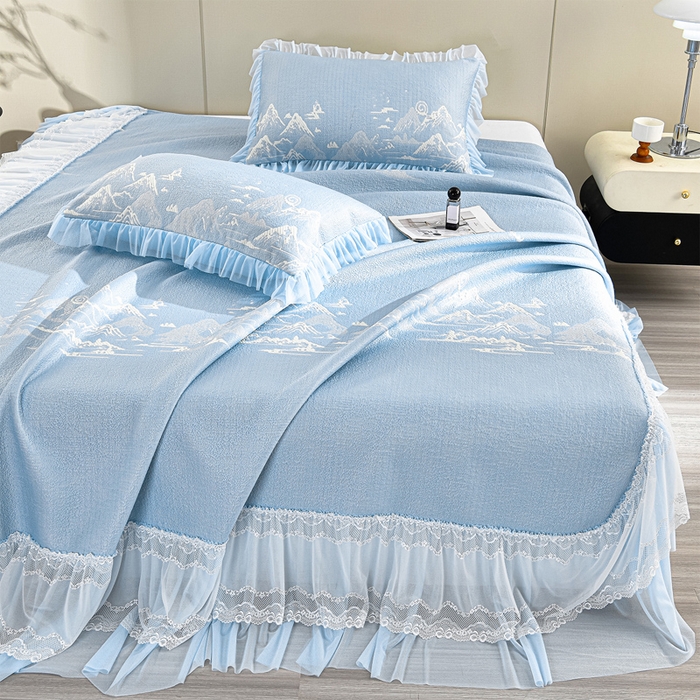 畅畅家纺 2026新款提花面料530克PE凉感因子冰豆豆凉席床裙三件套 山水-蓝
