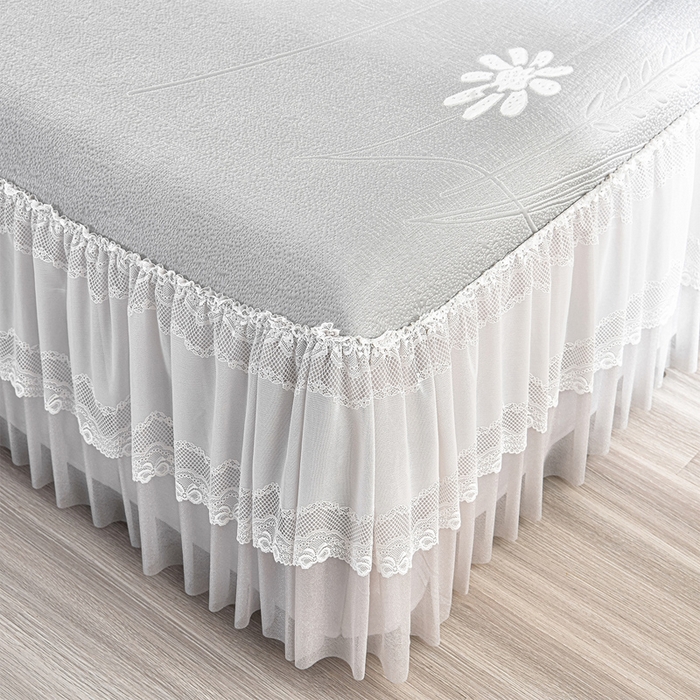 91家纺网 家纺一手货源 找家纺 畅畅家纺 2026新款提花面料530克PE凉感因子冰豆豆凉席床裙三件套 漫花-灰