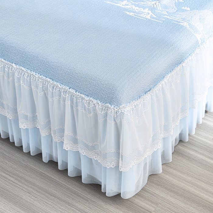 91家纺网 家纺一手货源 找家纺 畅畅家纺 2026新款提花面料530克PE凉感因子冰豆豆凉席床裙三件套 山水-蓝