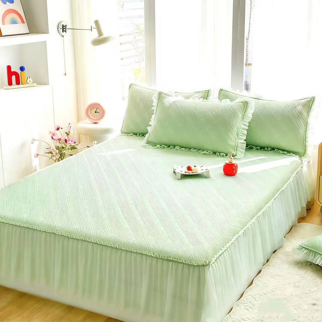 91家纺网 家纺一手货源 找家纺 畅畅家纺 2026夏季新款PE中分子凉感床单床裙款凉席 雅格-绿