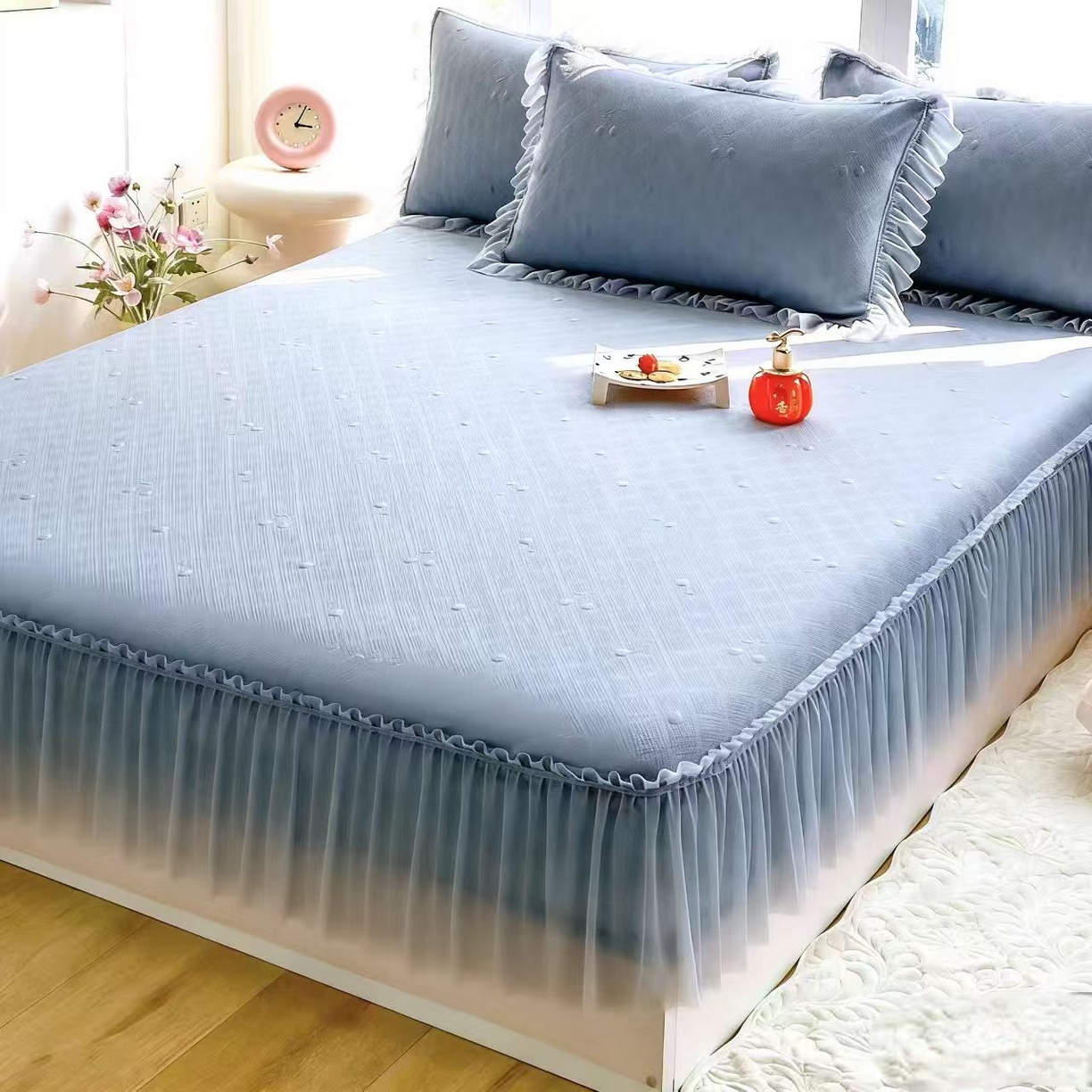 畅畅家纺 2026夏季新款PE中分子凉感床单床裙款凉席 樱桃-兰