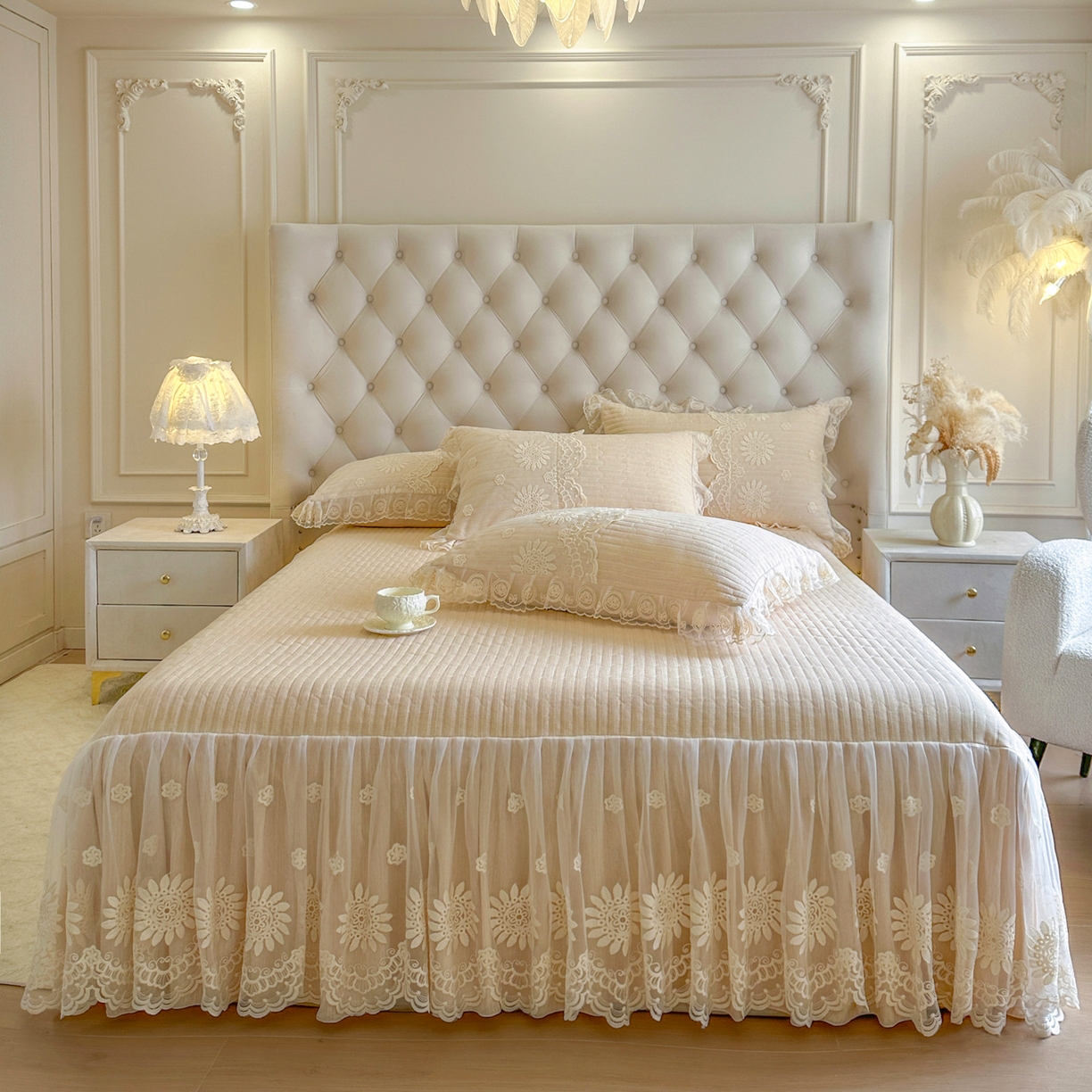 91家纺网 家纺一手货源 找家纺 （总）恋尚 2026新款甜梦花嫁色织麻床裙蕾丝夹棉床裙床笠控价床裙135起，床裙三件170，甜梦花嫁系列