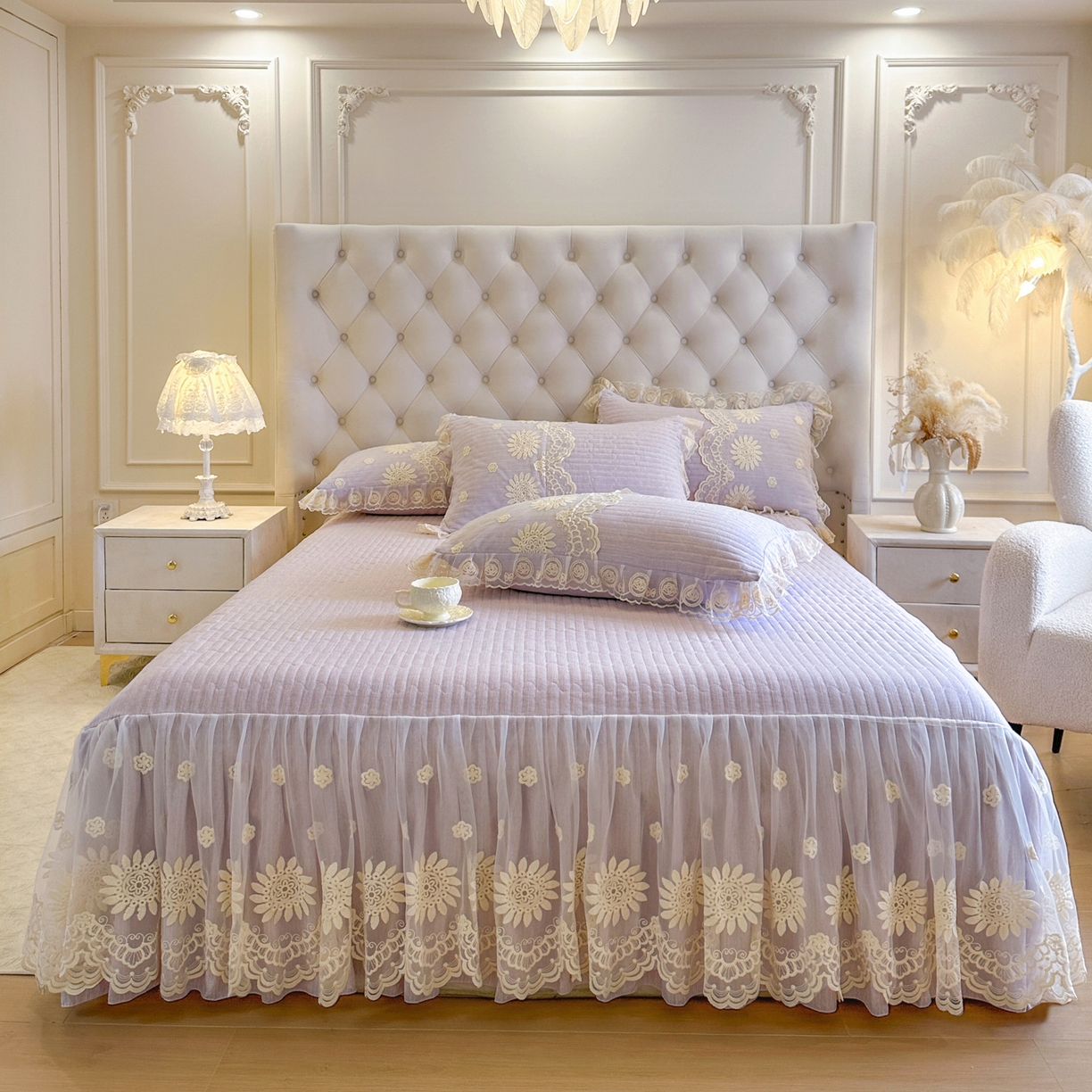 91家纺网 家纺一手货源 找家纺 （总）恋尚 2026新款甜梦花嫁色织麻床裙蕾丝夹棉床裙床笠控价床裙135起，床裙三件170，甜梦花嫁系列