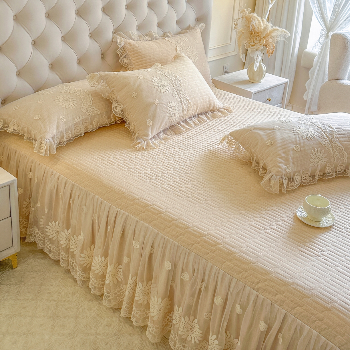 91家纺网 家纺一手货源 找家纺 恋尚 2026新款甜梦花嫁色织麻床裙蕾丝夹棉床裙床笠控价床裙135起，床裙三件170，甜梦花嫁系列 甜梦花嫁 米黄