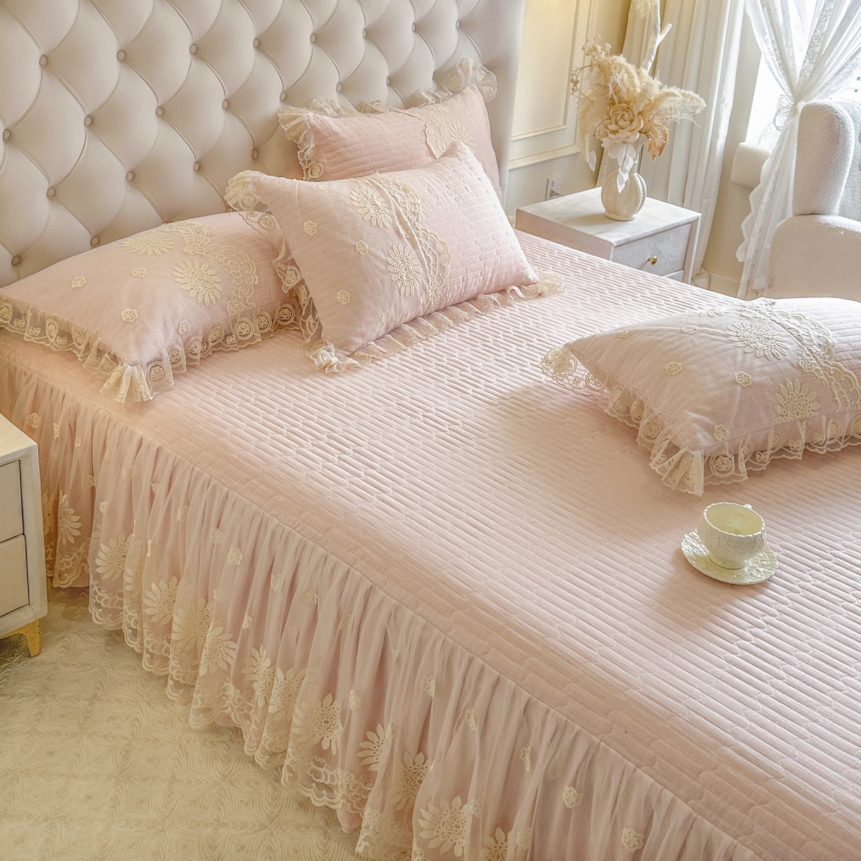 91家纺网 家纺一手货源 找家纺 恋尚 2026新款甜梦花嫁色织麻床裙蕾丝夹棉床裙床笠控价床裙135起，床裙三件170，甜梦花嫁系列 甜梦花嫁 少女粉