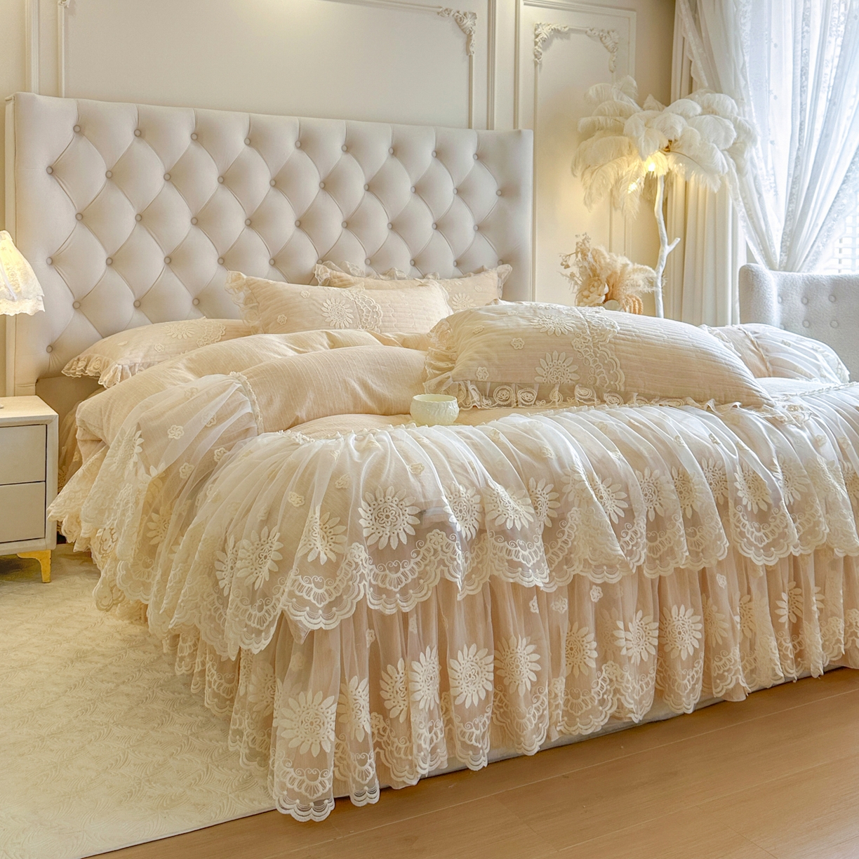 91家纺网 家纺一手货源 找家纺 （总）恋尚 2026新款色织麻夹棉床裙四件套 控价四件套270，甜梦花嫁系列