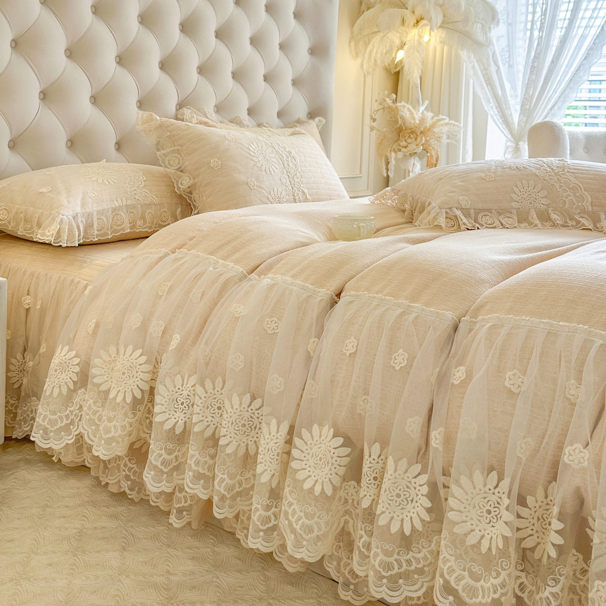 91家纺网 家纺一手货源 找家纺 （总）恋尚 2026新款色织麻夹棉床裙四件套 控价四件套270，甜梦花嫁系列