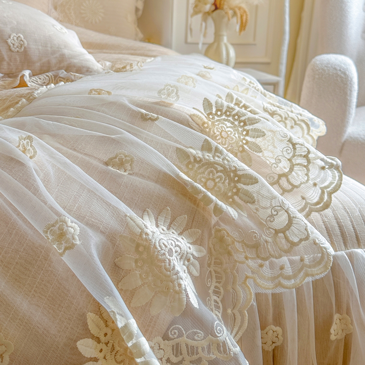 91家纺网 家纺一手货源 找家纺 （总）恋尚 2026新款色织麻夹棉床裙四件套 控价四件套270，甜梦花嫁系列