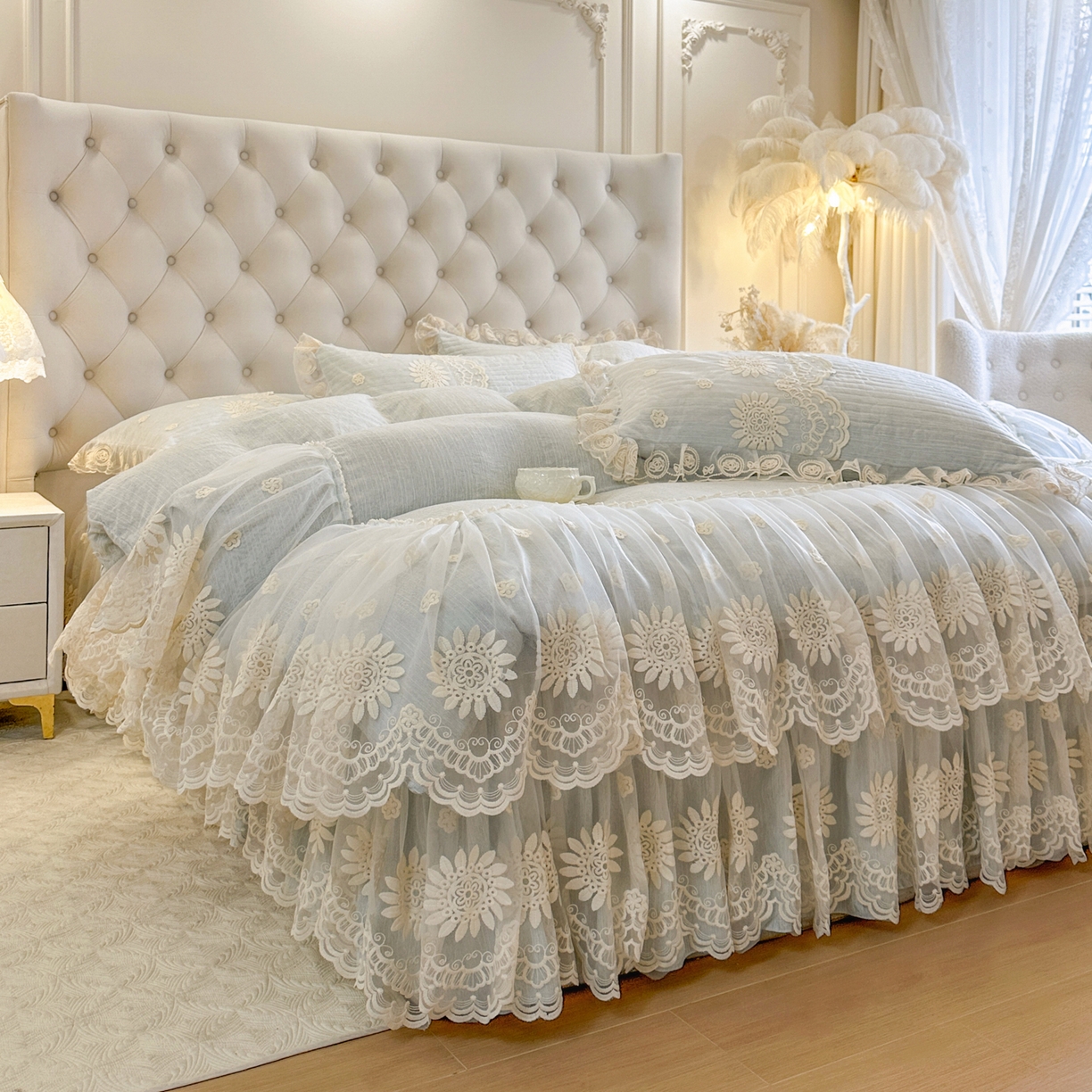 91家纺网 家纺一手货源 找家纺 恋尚 2026新款色织麻夹棉床裙四件套 控价四件套270，甜梦花嫁系列 甜梦花嫁-清新蓝