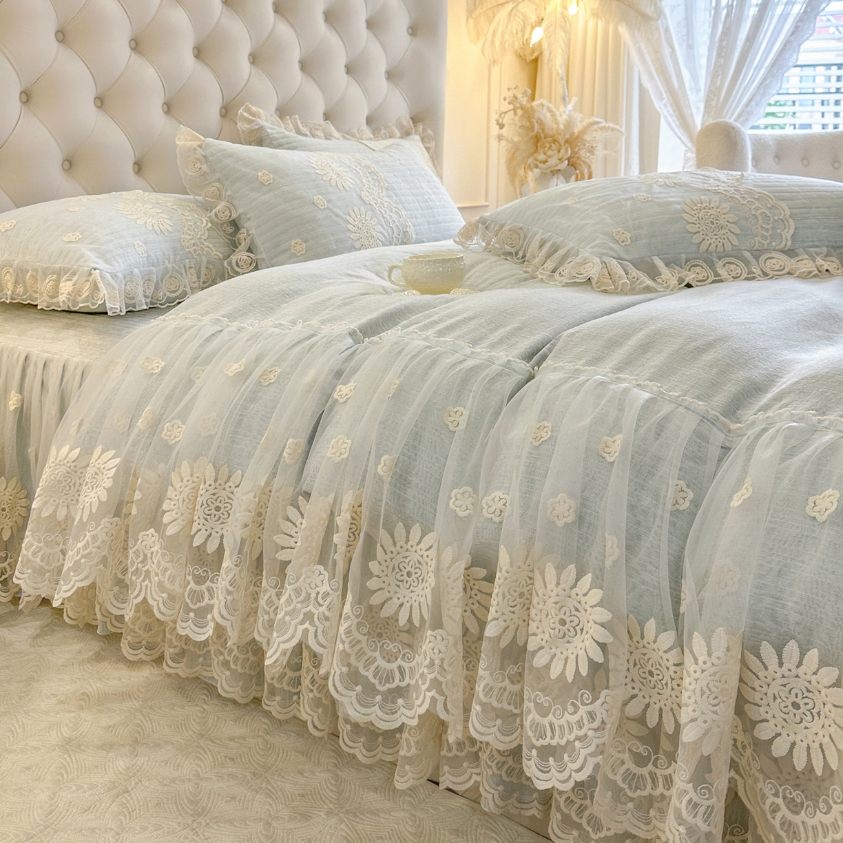 91家纺网 家纺一手货源 找家纺 恋尚 2026新款色织麻夹棉床裙四件套 控价四件套270，甜梦花嫁系列 甜梦花嫁-清新蓝