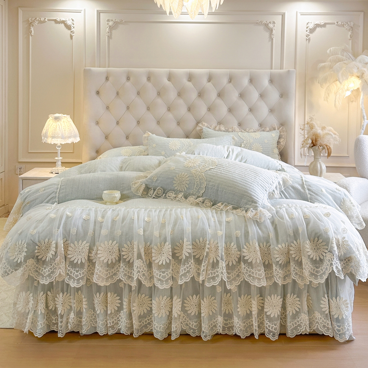 恋尚 2026新款色织麻夹棉床裙四件套 控价四件套270，甜梦花嫁系列 甜梦花嫁-清新蓝