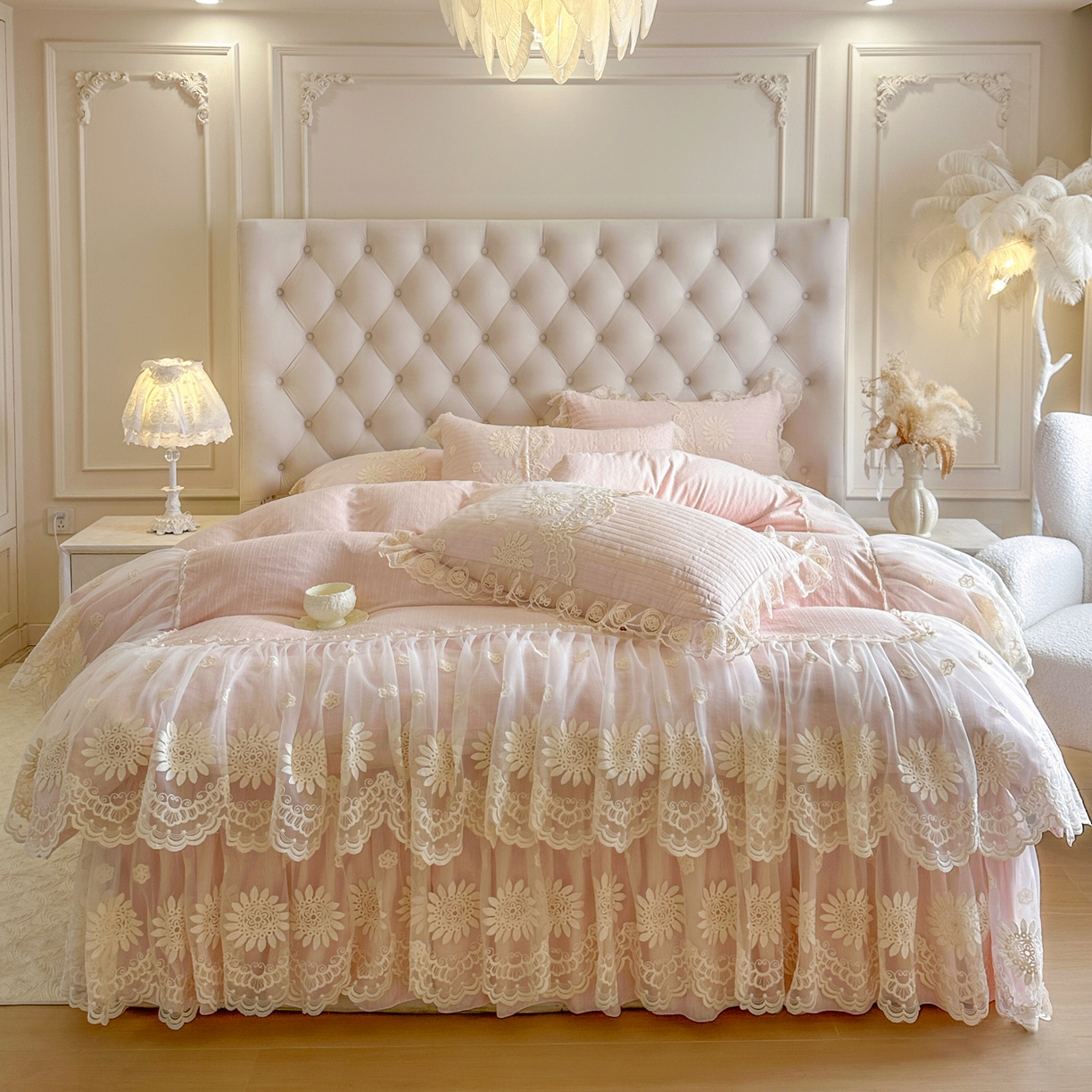 恋尚 2026新款色织麻夹棉床裙四件套 控价四件套270，甜梦花嫁系列 甜梦花嫁 少女粉