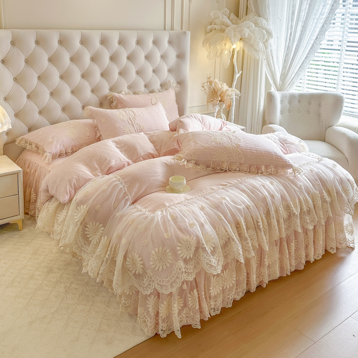 91家纺网 家纺一手货源 找家纺 恋尚 2026新款色织麻夹棉床裙四件套 控价四件套270，甜梦花嫁系列 甜梦花嫁 少女粉