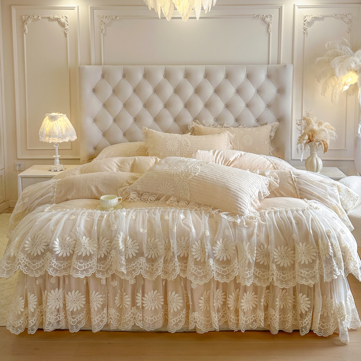 恋尚 2026新款色织麻夹棉床裙四件套 控价四件套270，甜梦花嫁系列 甜梦花嫁 米黄