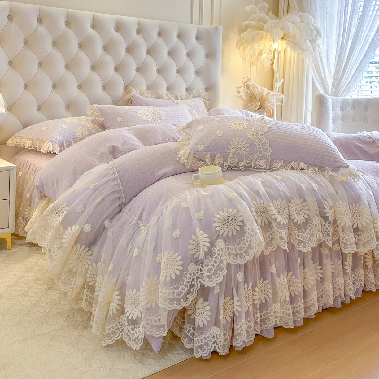 91家纺网 家纺一手货源 找家纺 恋尚 2026新款色织麻夹棉床裙四件套 控价四件套270，甜梦花嫁系列 甜梦花嫁-香芋紫