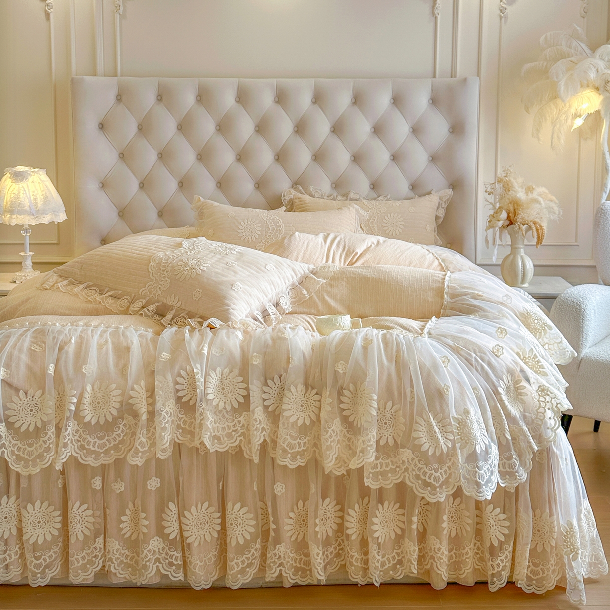 91家纺网 家纺一手货源 找家纺 恋尚 2026新款色织麻夹棉床裙四件套 控价四件套270，甜梦花嫁系列 甜梦花嫁 米黄