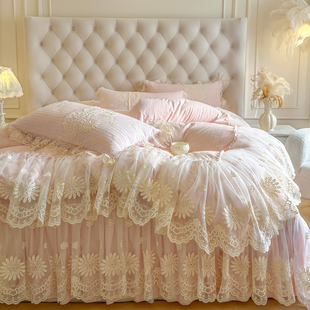 91家纺网 家纺一手货源 找家纺 恋尚 2026新款色织麻夹棉床裙四件套 控价四件套270，甜梦花嫁系列 甜梦花嫁 少女粉