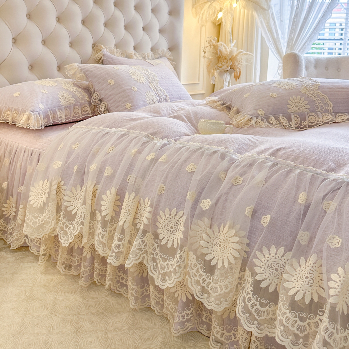 91家纺网 家纺一手货源 找家纺 恋尚 2026新款色织麻夹棉床裙四件套 控价四件套270，甜梦花嫁系列 甜梦花嫁-香芋紫