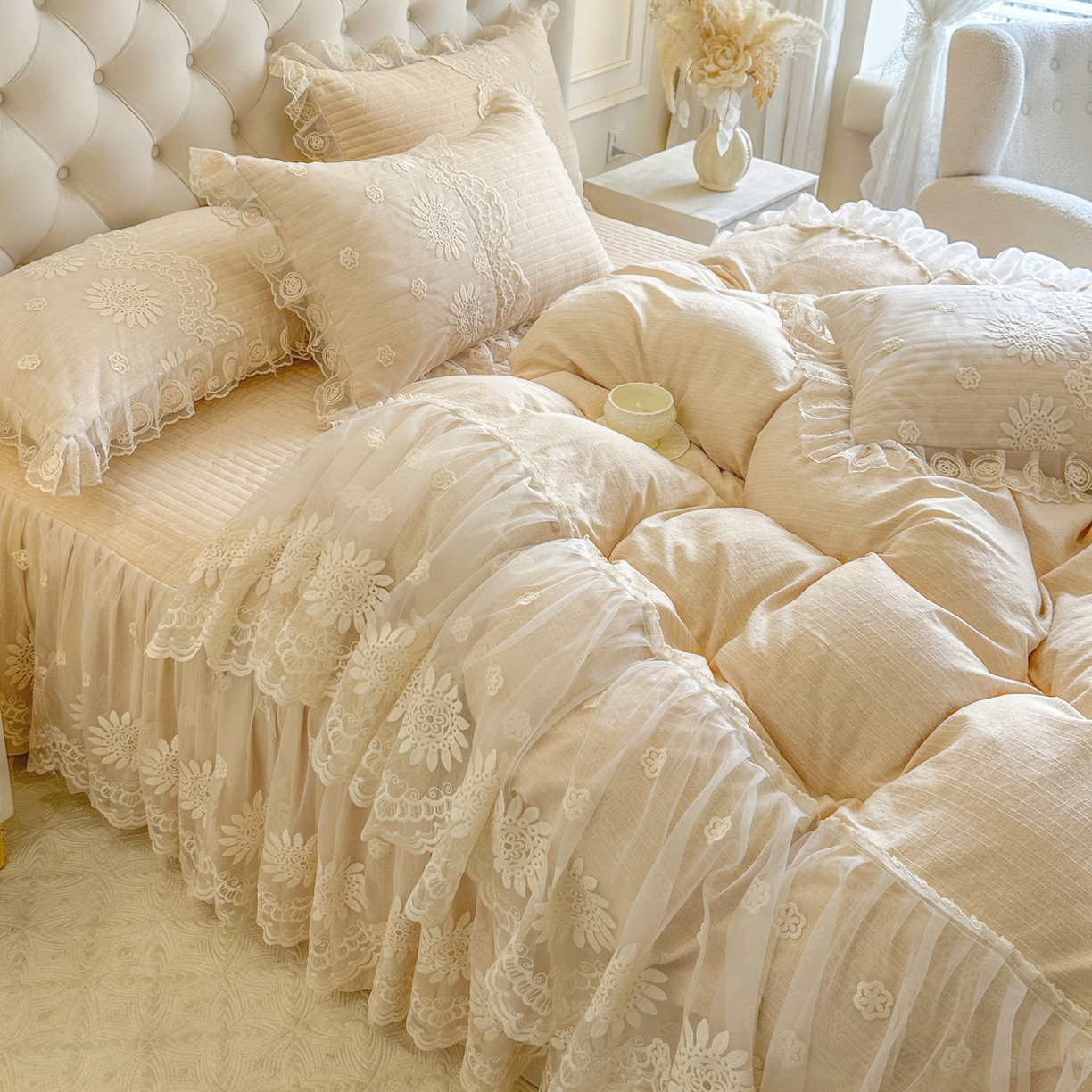 91家纺网 家纺一手货源 找家纺 恋尚 2026新款色织麻夹棉床裙四件套 控价四件套270，甜梦花嫁系列 甜梦花嫁 米黄