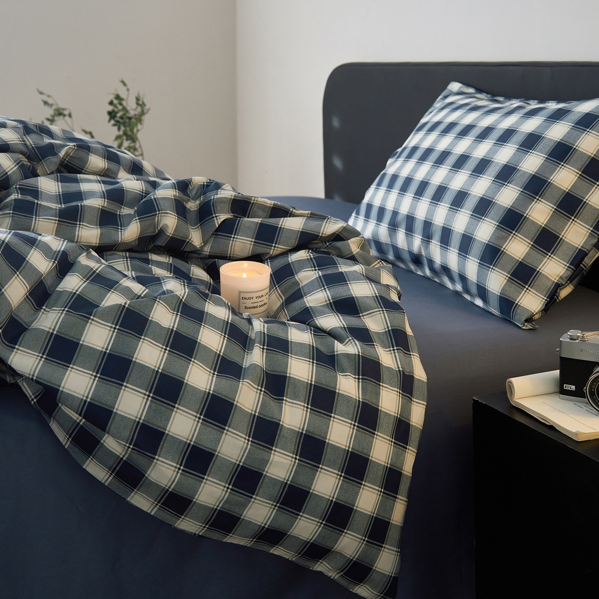 91家纺网 家纺一手货源 找家纺 女子家纺 2026新款全棉13070简约格子系列四件套 藏青学院