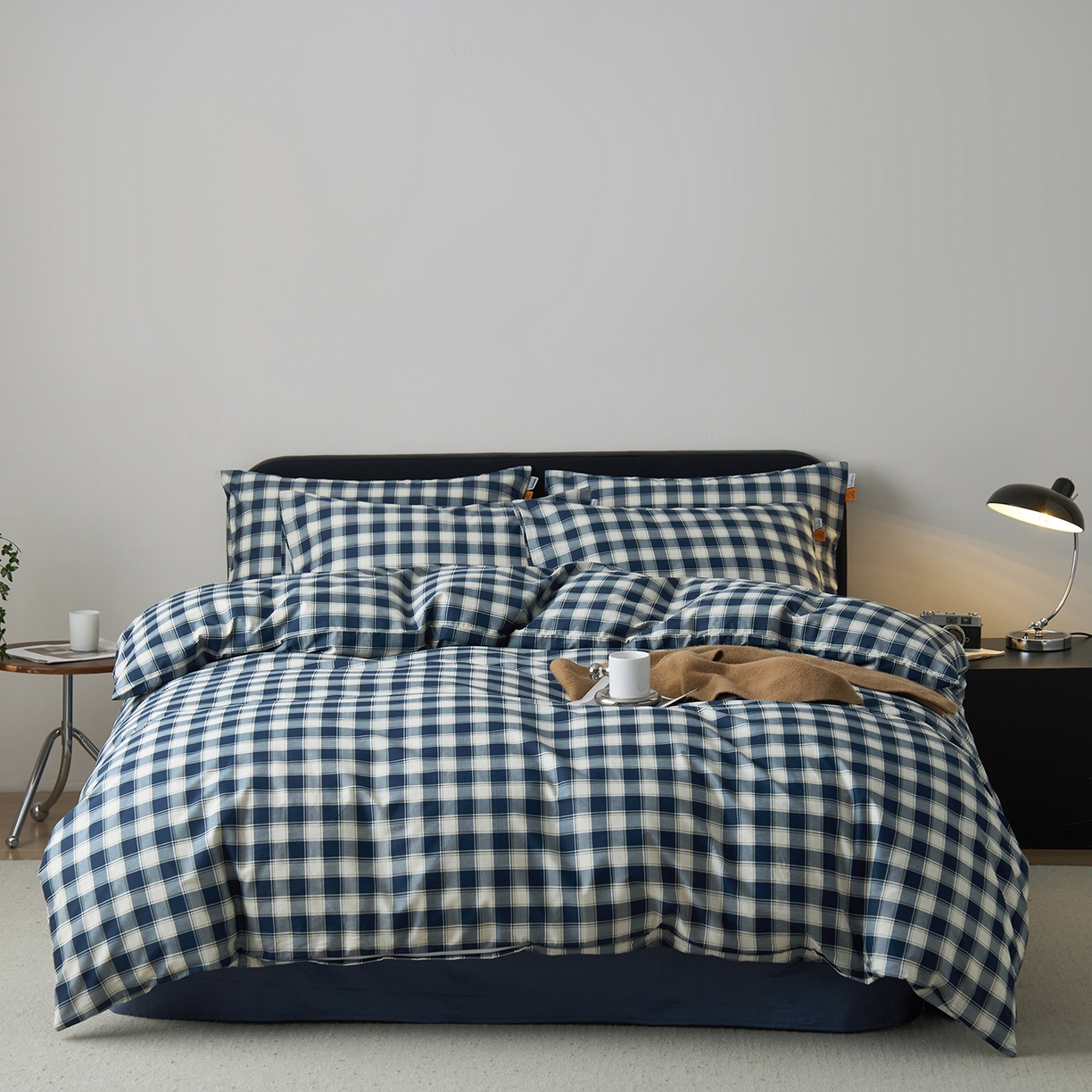 91家纺网 家纺一手货源 找家纺 女子家纺 2026新款全棉13070简约格子系列四件套 藏青学院