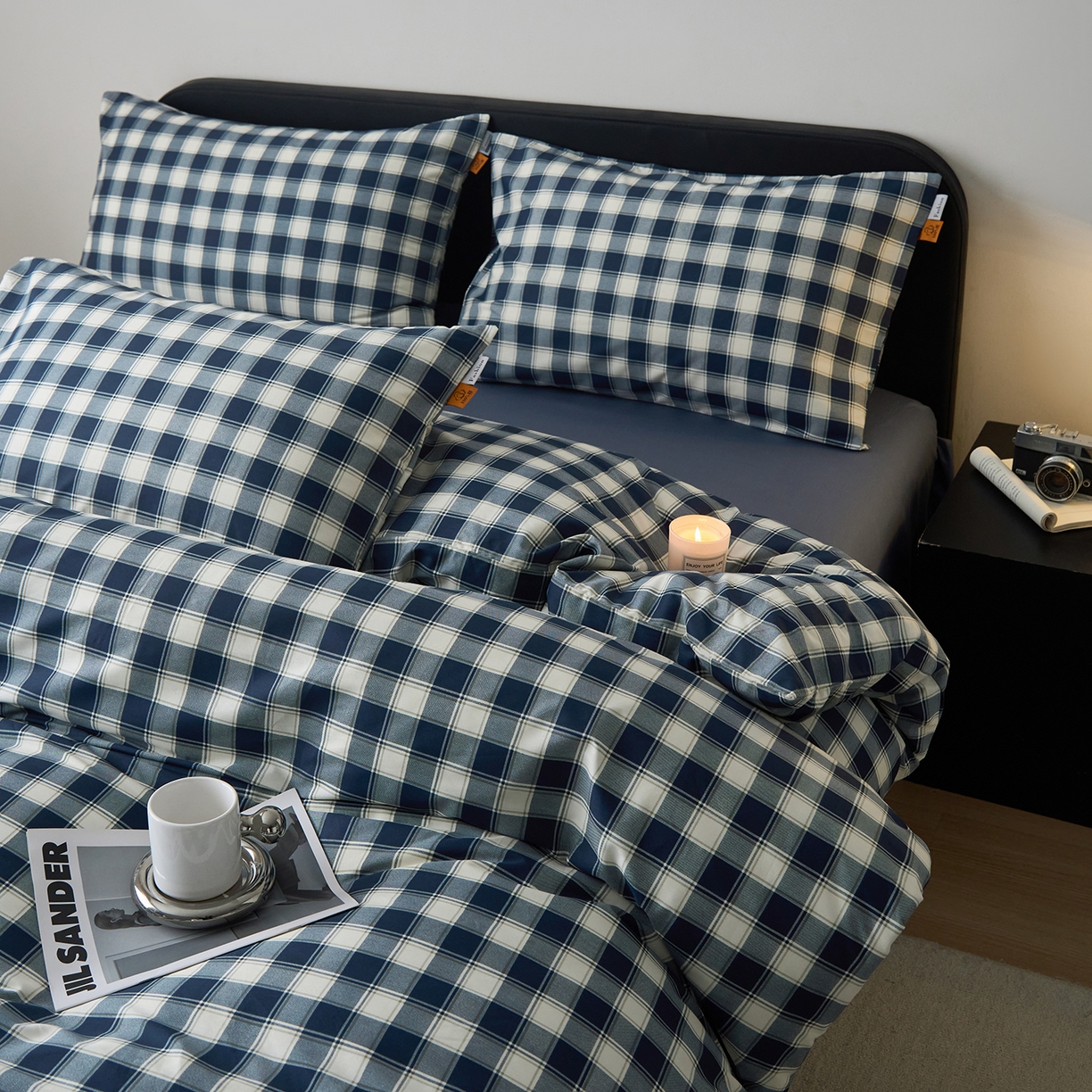 91家纺网 家纺一手货源 找家纺 女子家纺 2026新款全棉13070简约格子系列四件套 藏青学院