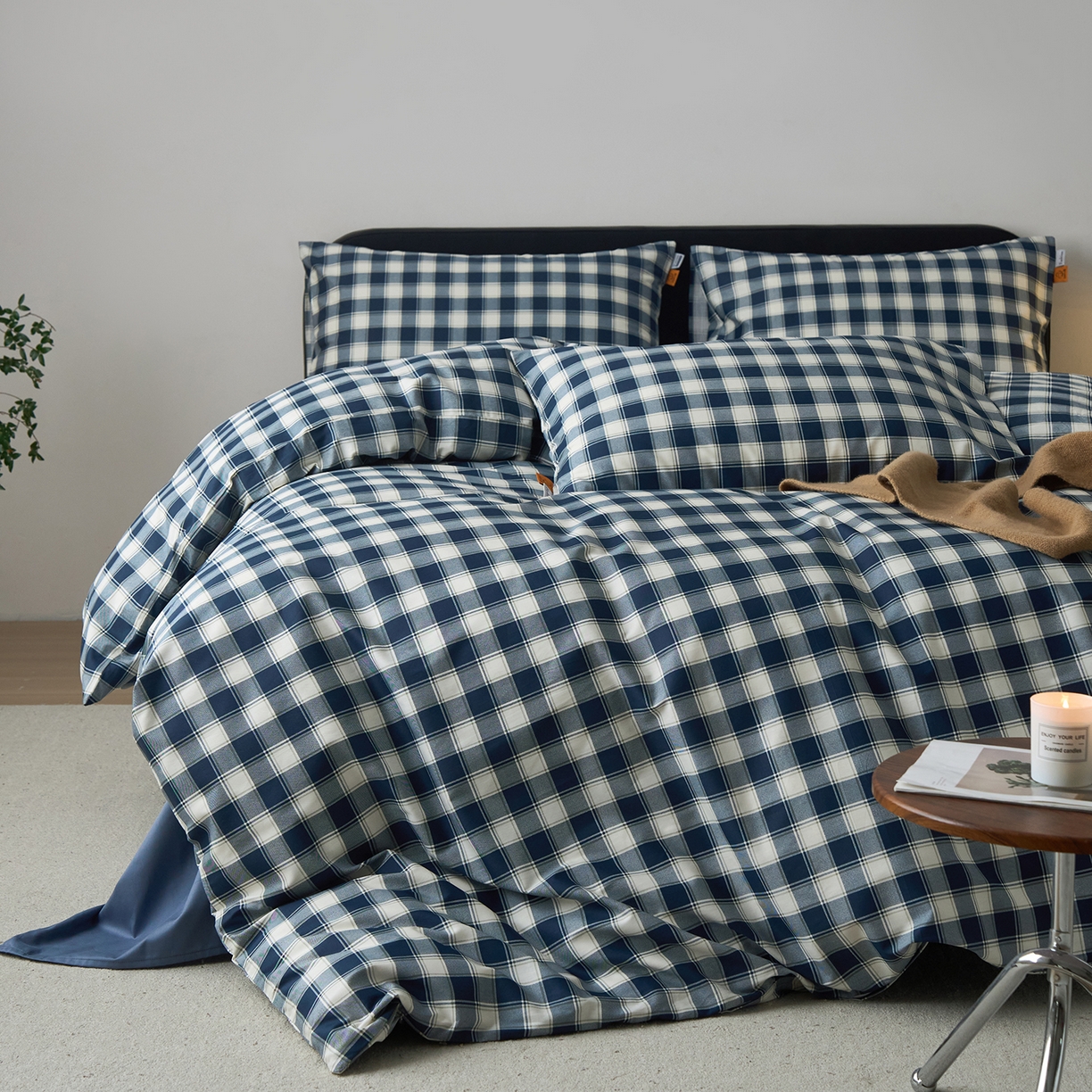 91家纺网 家纺一手货源 找家纺 女子家纺 2026新款全棉13070简约格子系列四件套 藏青学院