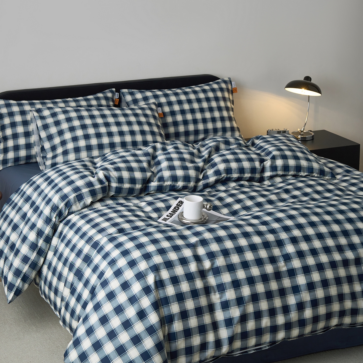 91家纺网 家纺一手货源 找家纺 女子家纺 2026新款全棉13070简约格子系列四件套 藏青学院