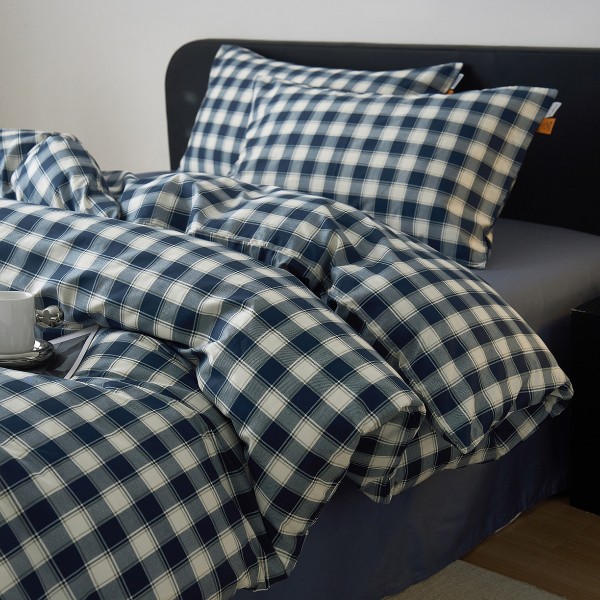 91家纺网 家纺一手货源 找家纺 女子家纺 2026新款全棉13070简约格子系列四件套 藏青学院