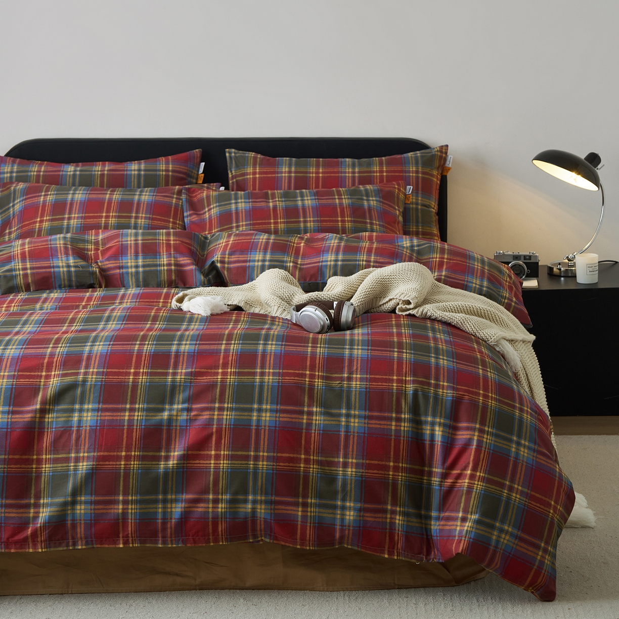 91家纺网 家纺一手货源 找家纺 女子家纺 2026新款全棉13070简约格子系列四件套 英伦-炽焰红