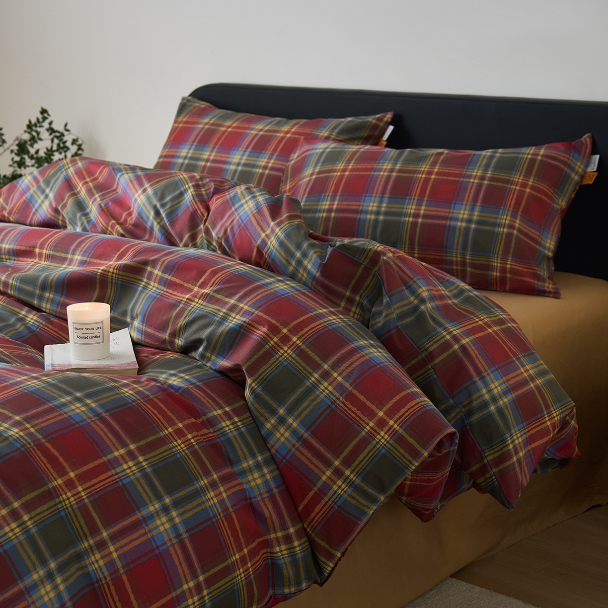 91家纺网 家纺一手货源 找家纺 女子家纺 2026新款全棉13070简约格子系列四件套 英伦-炽焰红